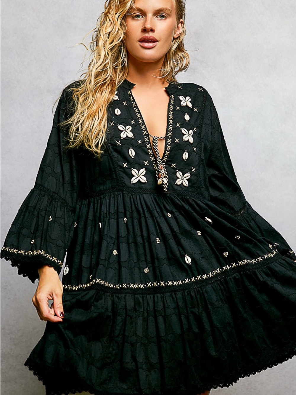POL Black Embroidered Boho Tiered Dress with Shell Details